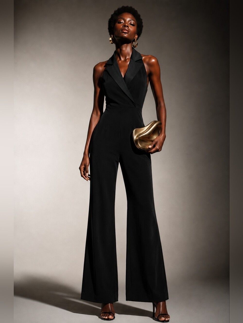 Tristan Y2K Black Halter Tuxedo Wide Leg Jumpsuit Chic 4